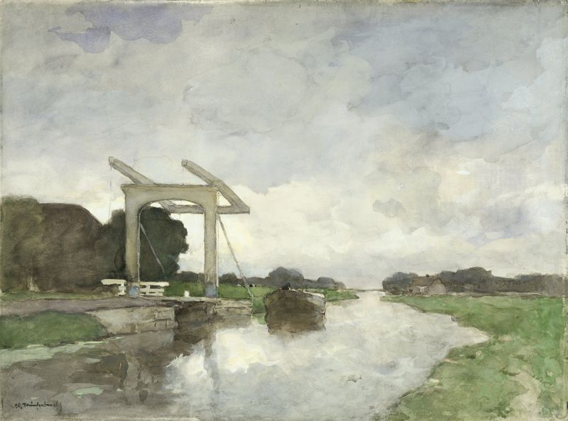 Drawbridge at Noorden by Johan Hendrik Weissenbruch, realism, depicting a serene landscape with a drawbridge.