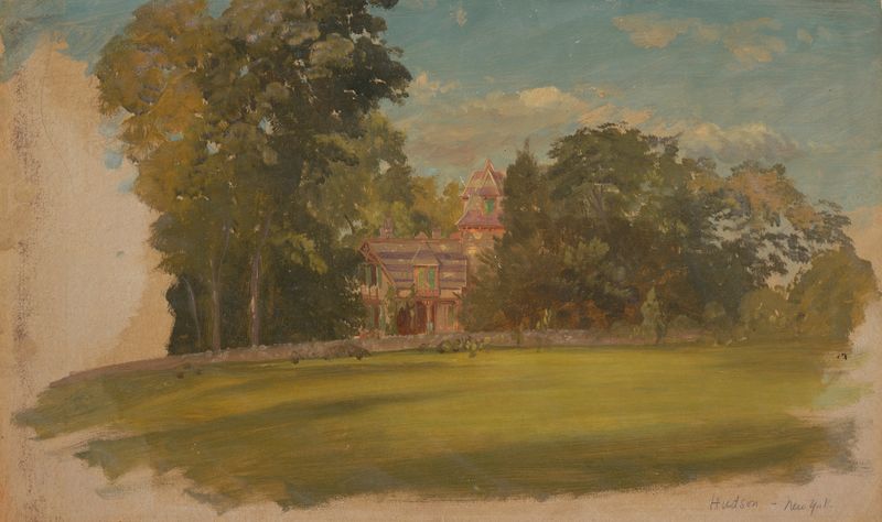 House in Hudson, New York de Frederic Edwin Church, pintura a óleo que retrata uma casa contra um céu vibrante.