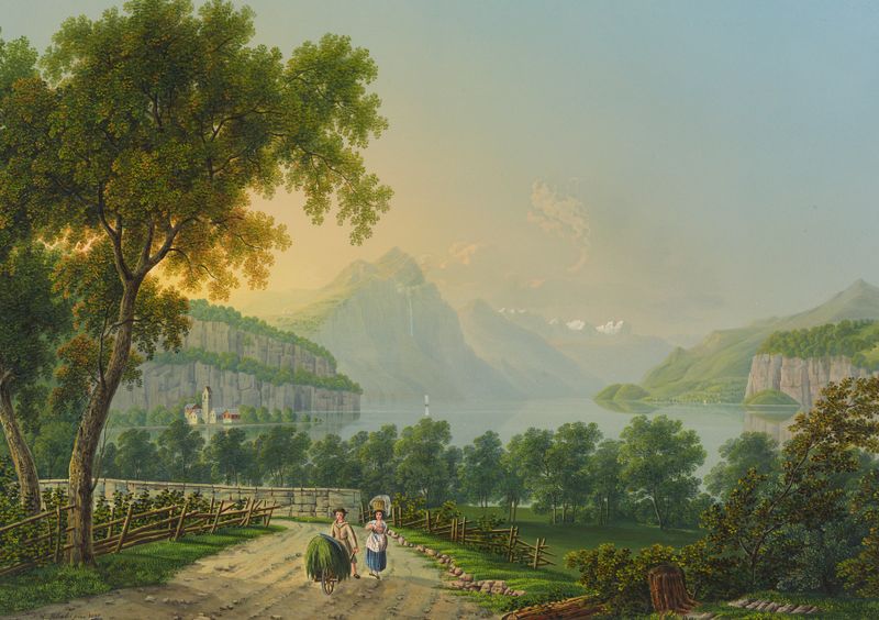 Wesen am Wallenstâttersee de Johann Heinrich Bleuler the Younger, óleo que muestra un lago tranquilo al amanecer.