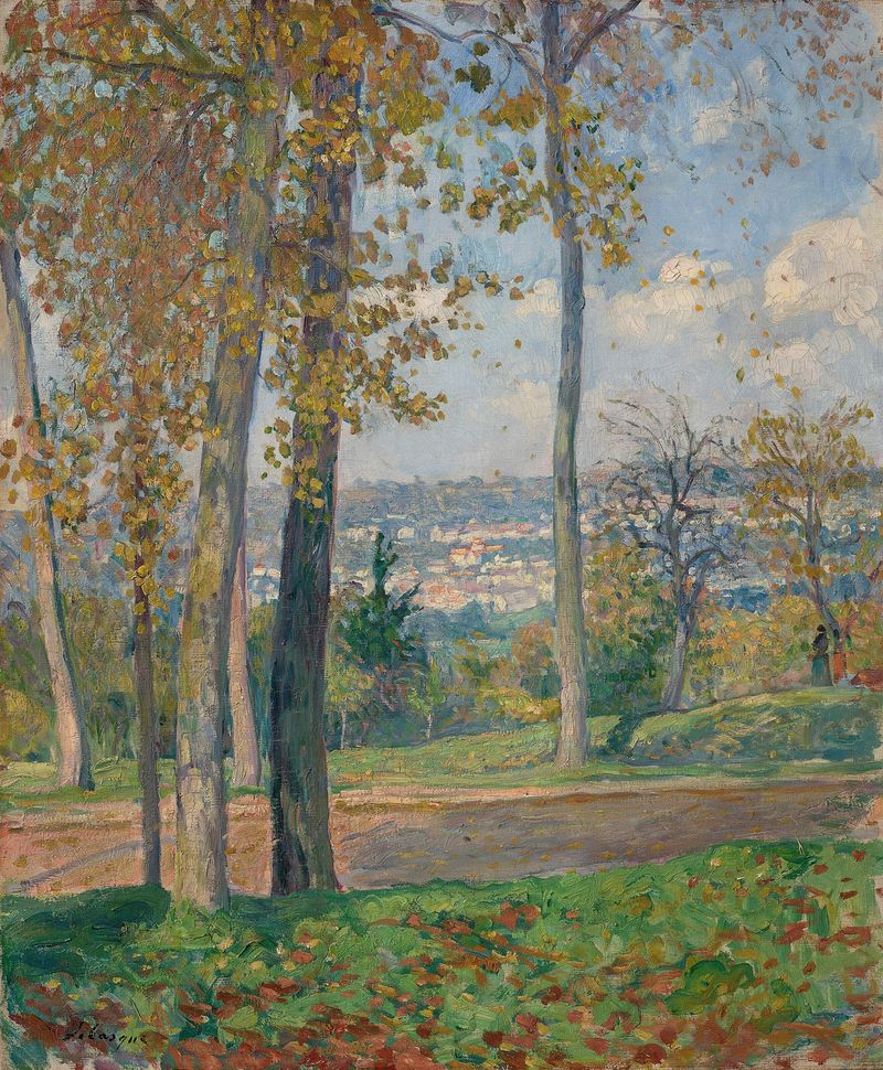 Vue du Parc de Saint-Cloud de Henri Lebasque, óleo sobre tela que retrata uma paisagem tranquila com colinas onduladas