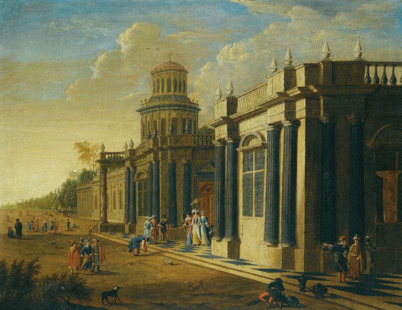 Elegant Figures In Oriental Costume de Jacob Peeters, óleo sobre tela retratando figuras em trajes ornamentados