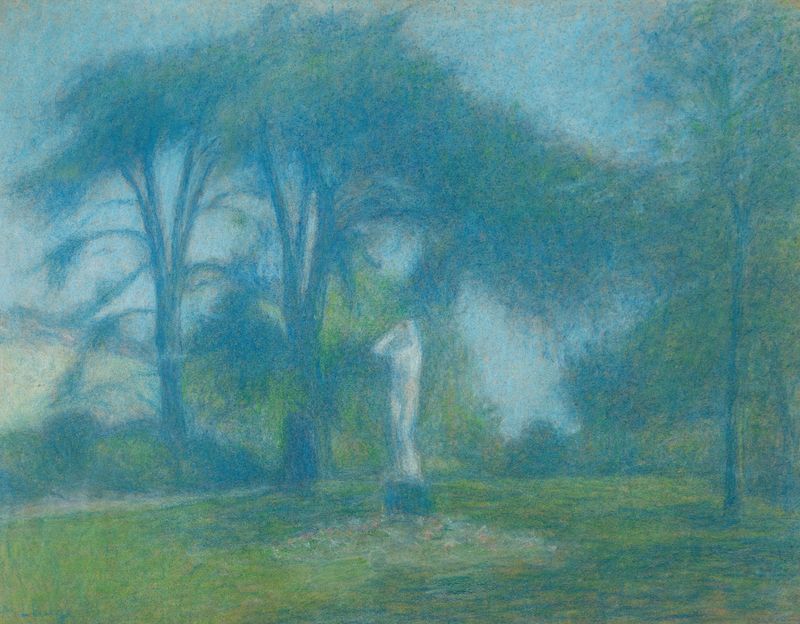 Bronze statue by Achille Laugé in a park, showcasing vibrant colors and shadowy figures.