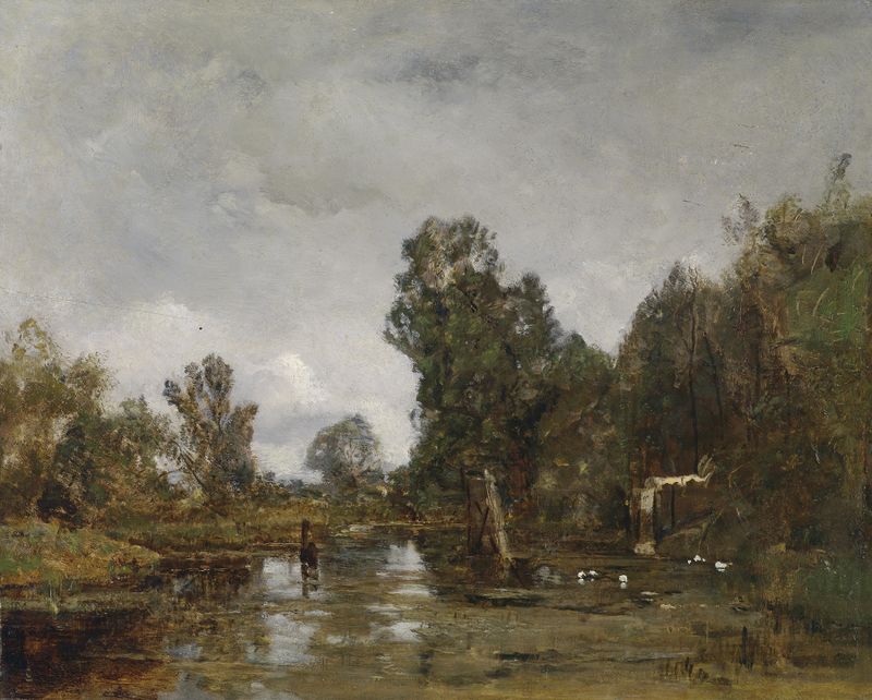 Landscape with sunlight filtering through trees, oil on canvas by Emil Jakob Schindler