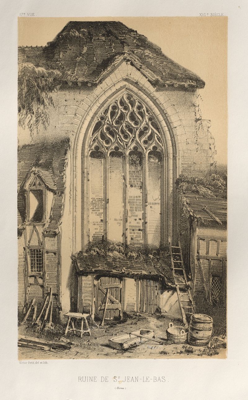 Ruine De St. Jean-Le-Bas de Victor Petit, que representa muros de piedra en un paisaje romántico