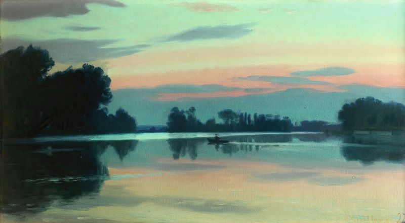 Fisherman on a river at dawn, oil on canvas by Charles Guilloux