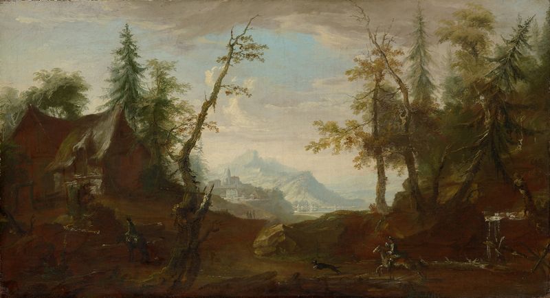 Farmhouse in a forest glade with riders, oil on canvas by Caspar Wolf