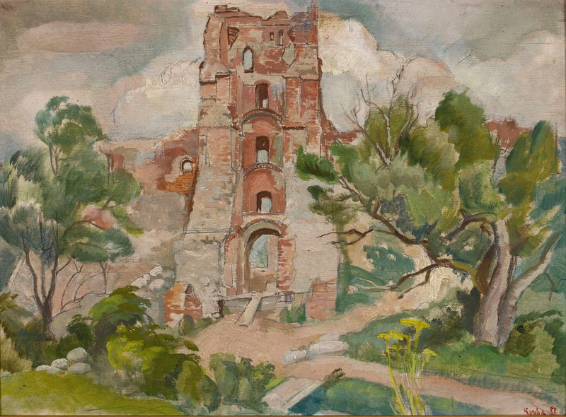 Tower in Troki by Michał Rouba, oil on canvas, features a tower against swirling clouds.
