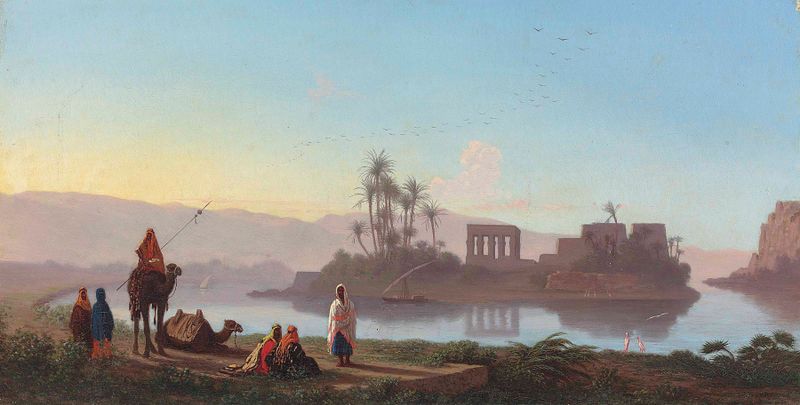 Vue de L’Ile de Philae, Nubie by Charles Théodore Frère, oil on canvas depicting ancient temples and a serene landscape.
