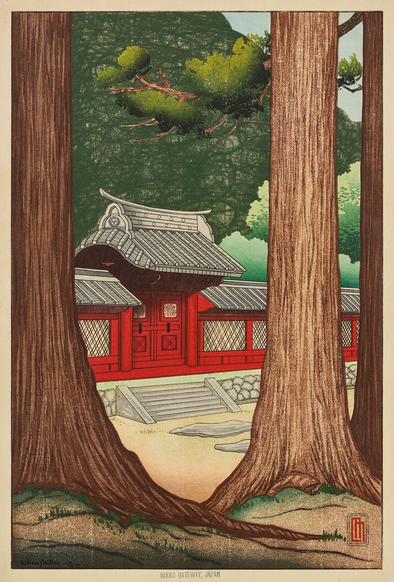 Nikko gateway, Japan by Lilian May Miller, color woodblock print featuring a wooden structure and trees.