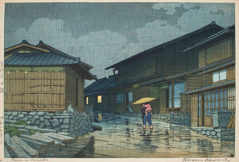 Gravura em madeira Ukiyo-e de Kawase Hasui retratando colinas e natureza serenas