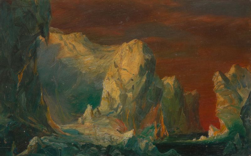 Iceberg Fantasy de Frederic Edwin Church, óleo de un iceberg imponente en aguas tranquilas.