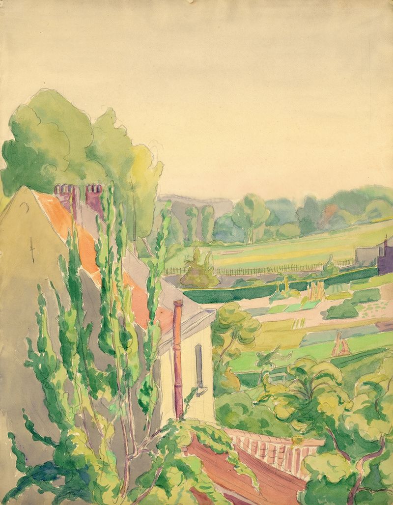 Watercolour landscape by Albert Daenens featuring soft hues and tranquil nature.