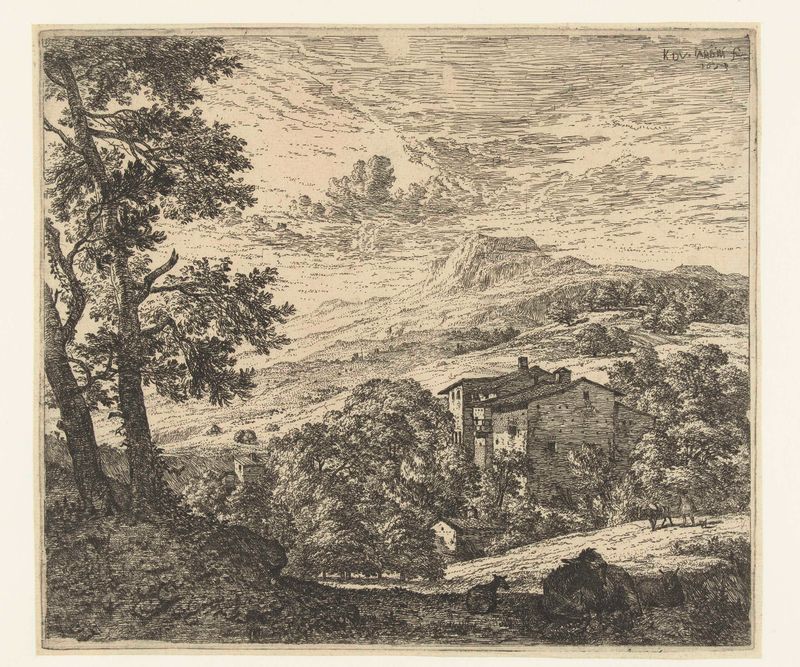 Heuvellandschap met huizen en ezel en twee schapen, etching by Karel du Jardin