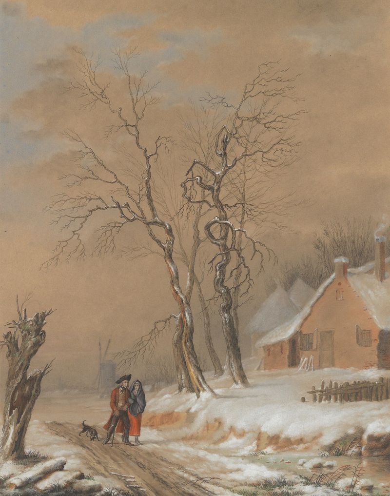 Winter landscape with two figures and a dog, oil on canvas by Eugène Joseph Verboeckhoven