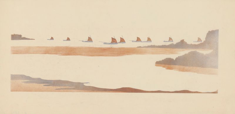 Rentrée des Sardiniers, oil on canvas by Amédée Joyau, depicts fishing boats returning to a harbor at twilight.