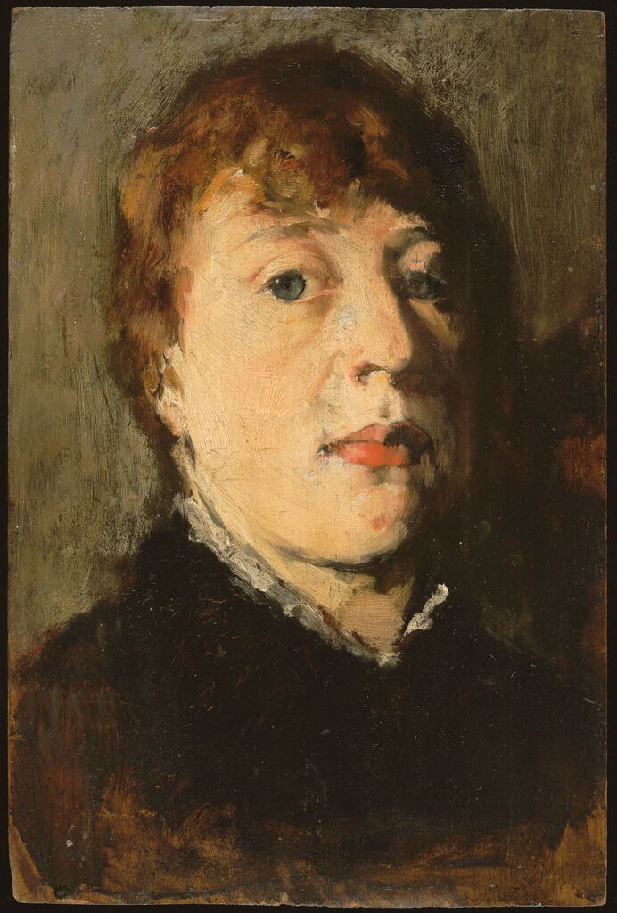 Portrait of a woman's head in wood by Frank Duveneck