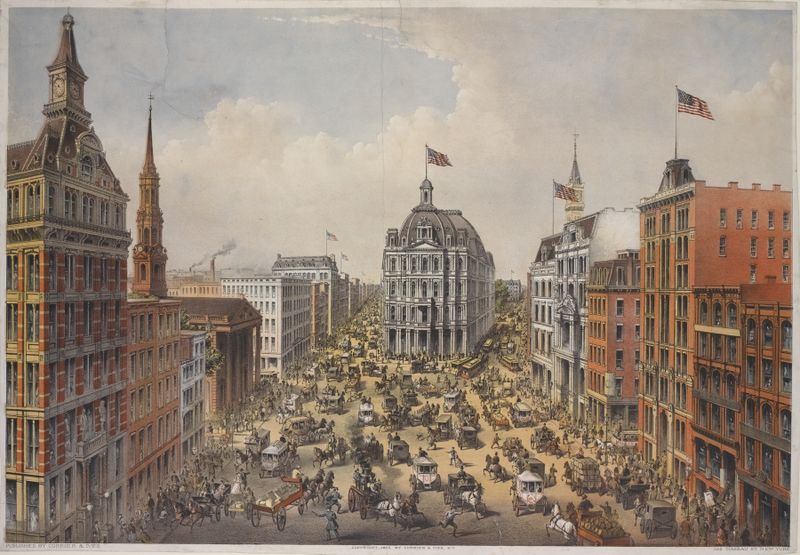 Litografia de Currier & Ives retratando Broadway em 1875 com a Catedral de São Paulo e o correio.