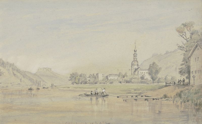 View of Schandau by Friedrich Eugen Peipers, oil on canvas, featuring a tranquil river and rolling hills.