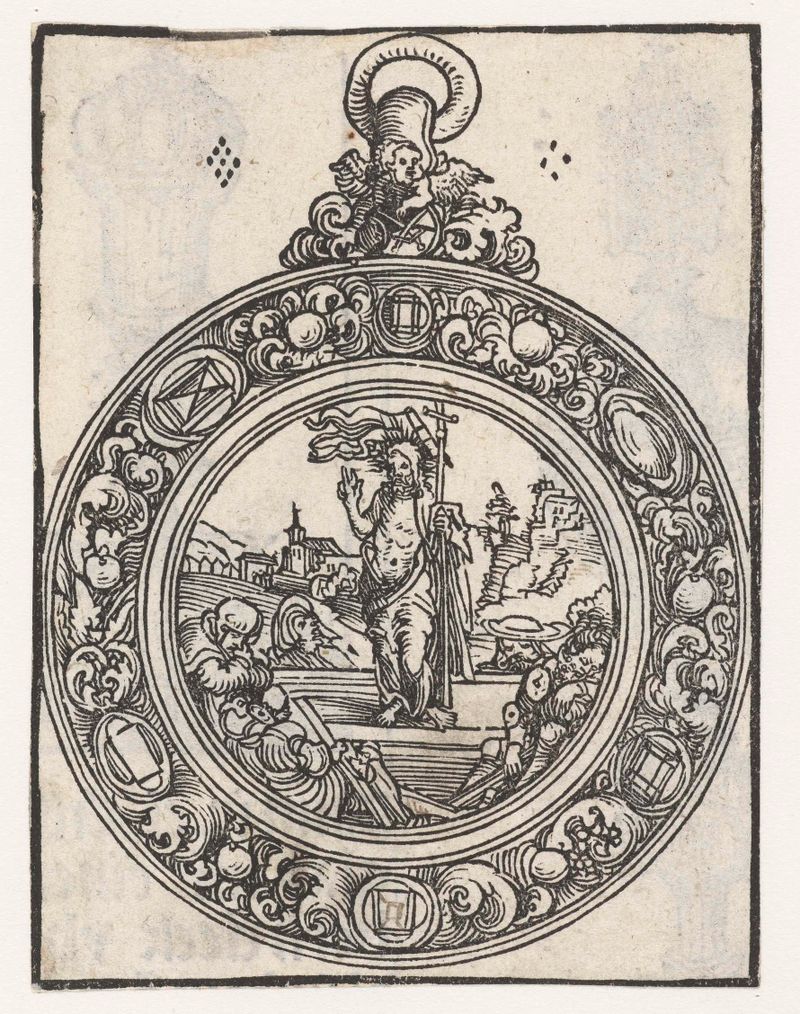 Reliekhouder in vorm van medaillon met de opstanding van Christus de Lucas Cranach, papel