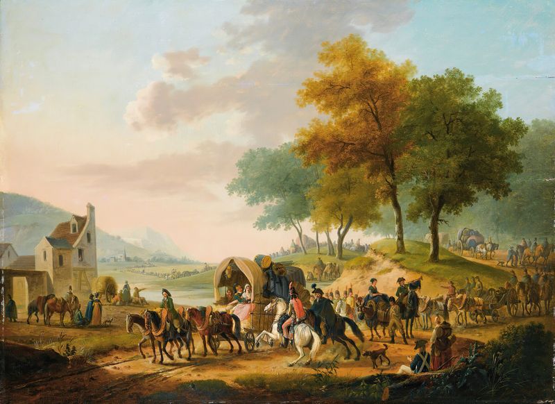 Cena histórica de soldados partindo de um acampamento, óleo de Jacques-François-Joseph Swebach