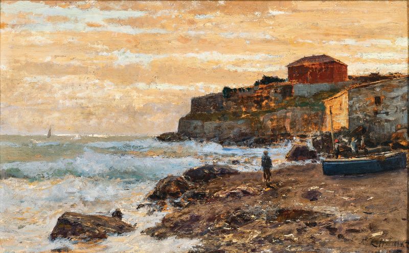 Um barco de pesca ao pôr do sol, óleo sobre tela de Alfred Zoff