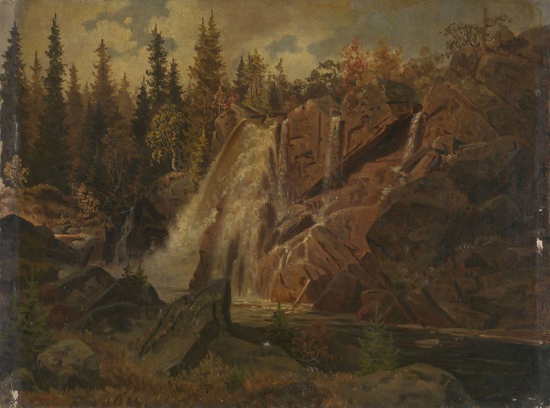 Norwegian Landscape by Johan Fredrik Eckersberg, oil on canvas depicting a brook and mountains