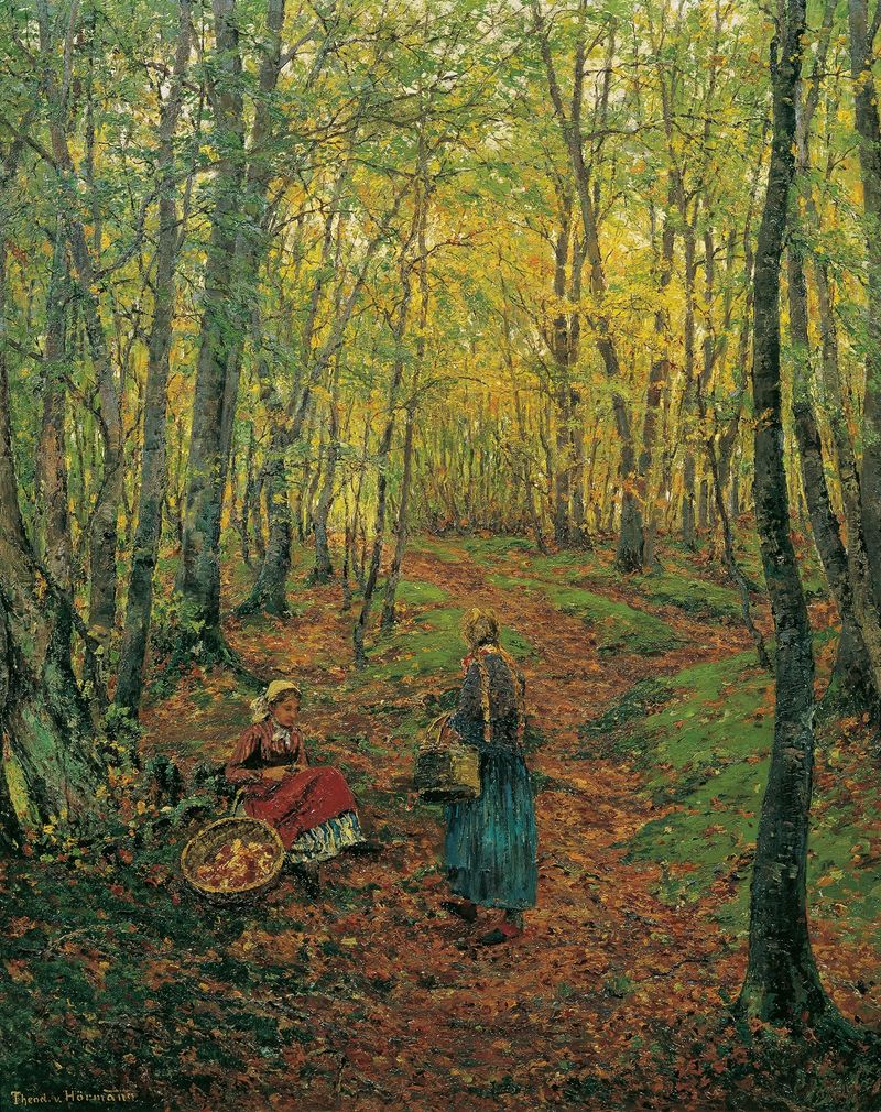 Genre scene of a girl foraging for mushrooms in a forest, Theodor Von Hörmann