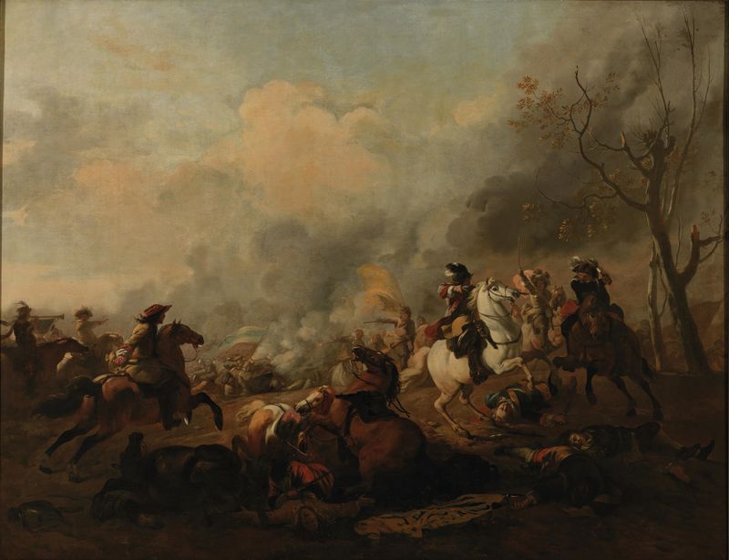 A cavalry skirmish in a landscape de Jan van Huchtenburg, pintura a óleo de cavalos em movimento durante a batalha.