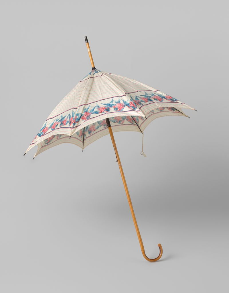 Parasol with pink and blue birds on cotton by Gustav Schnitzler
