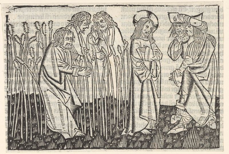 Cena de gênero retratando figuras colhendo grãos no sabá, papel de Master of Delft