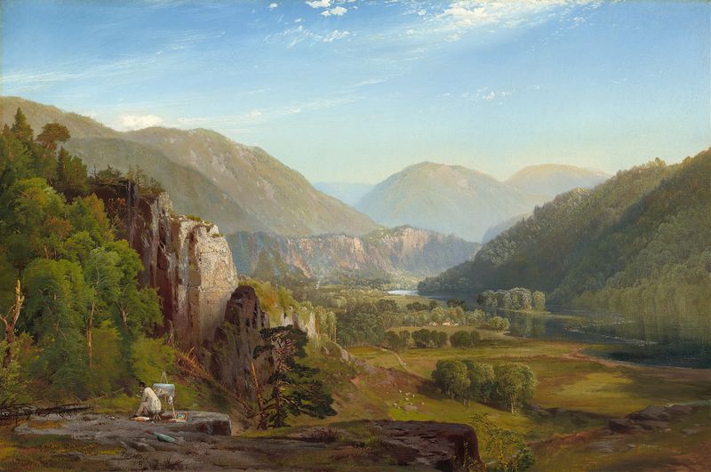 Paisaje al atardecer con colinas y el río Juniata de Thomas Moran, pintura al óleo
