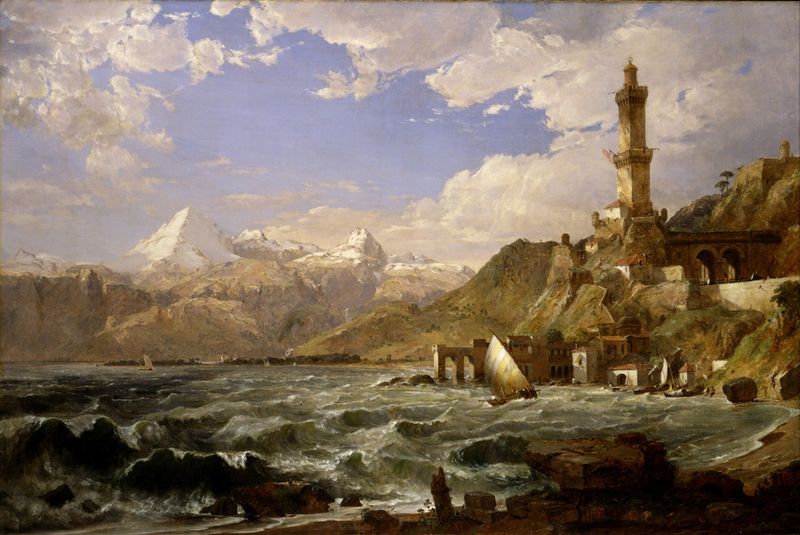 A Costa de Gênova, pintura a óleo de Jasper Francis Cropsey com colinas e águas cintilantes.