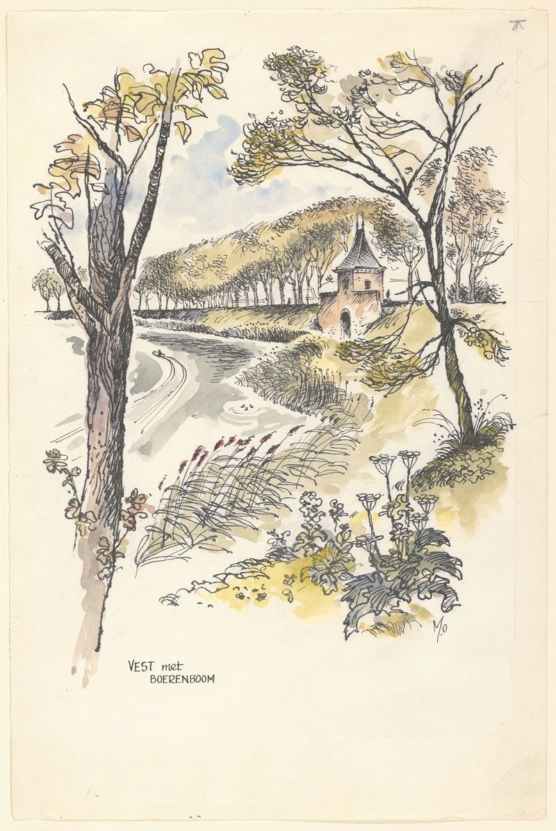Pintura a óleo de paisagem de Maarten Oortwijn com uma árvore e edifícios em tons terrosos