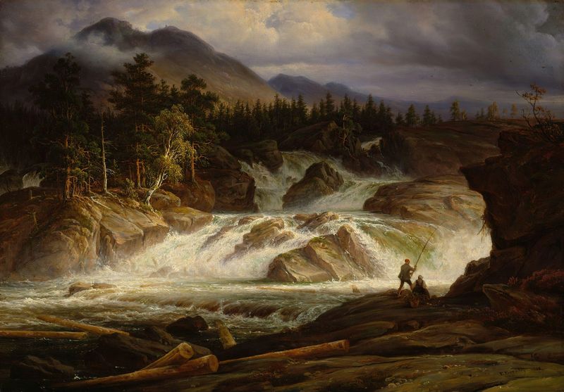 As Quedas de Labro de Thomas Fearnley, pintura a óleo que representa uma cachoeira e uma paisagem exuberante.