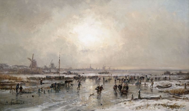 Winter scene with skaters on ice, oil painting by Adolf Stademann