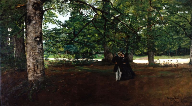 Promenade in the Woods de Carolus-Duran, realismo, figuras elegantemente vestidas em uma floresta.