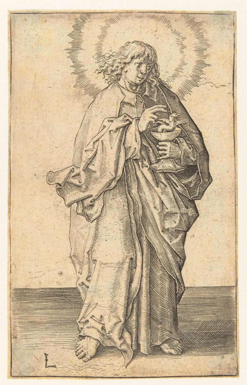 Gravura de Lucas van Leyden retratando o apóstolo Johannes com traços delicados e luz etérea