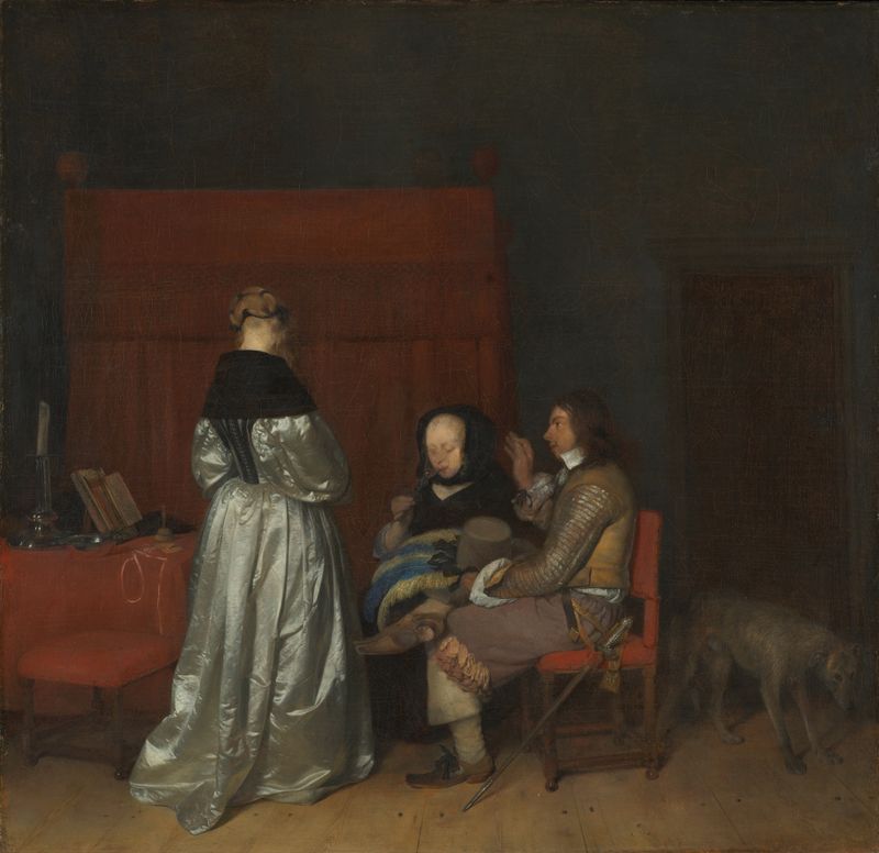 Genre scene of a standing woman with two guests, oil on canvas by Gerard ter Borch