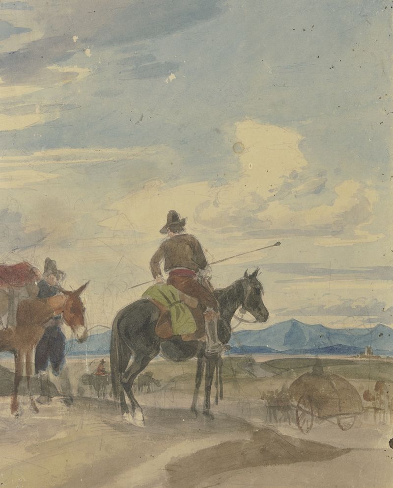 Landscape featuring a horseman and muleteer, oil painting by Johann Adam Klein