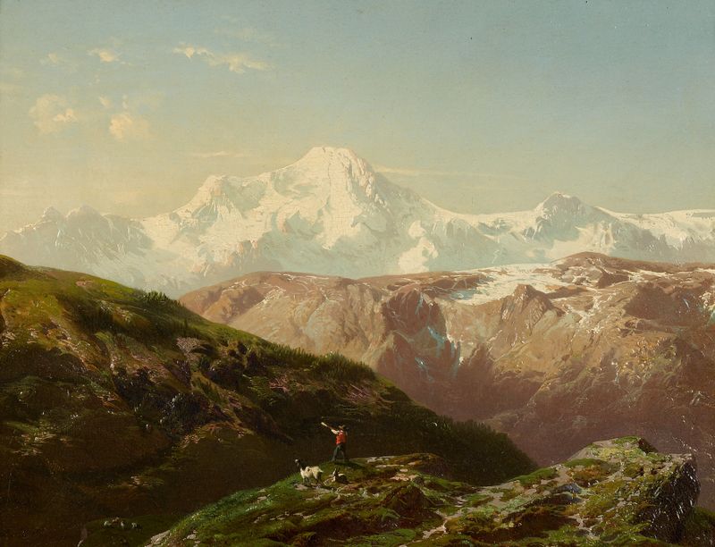 Alpenlandschap by Jean François Xavier Roffiaen, oil painting depicting a lush meadow.
