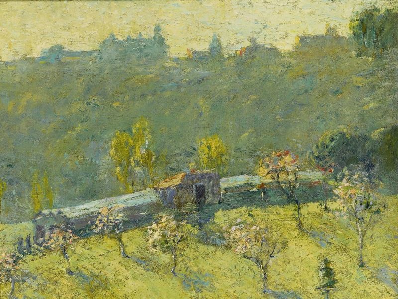 Paisagem da primavera por Ernest Lawson, pintura a óleo com folhagem vibrante e luz.