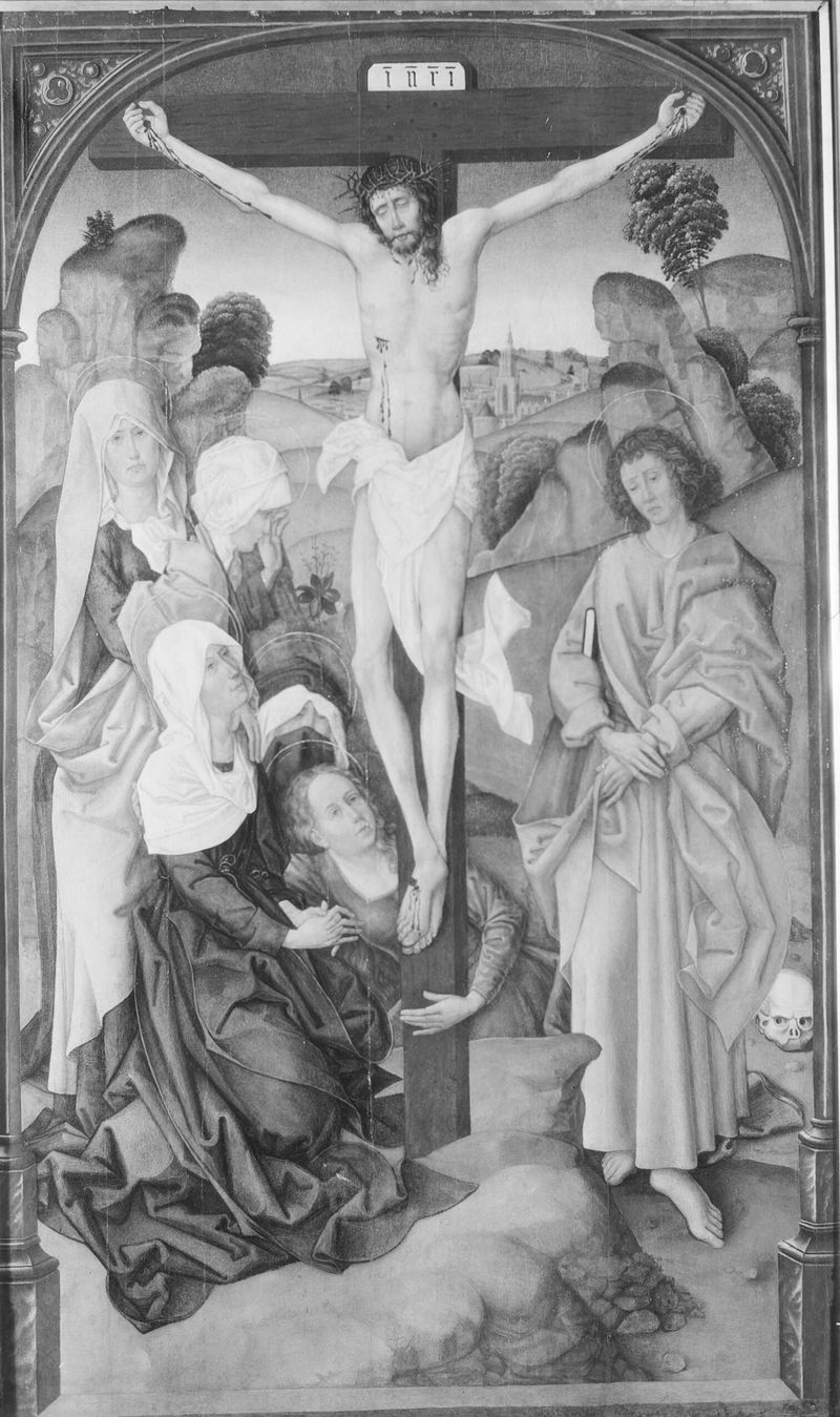 Escena de crucifixión en óleo sobre panel de un artista no identificado, que representa dolor y fe.