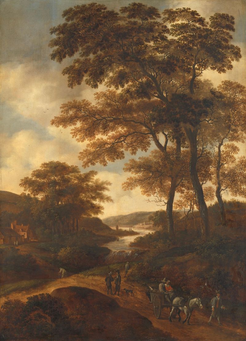 Paisaje boscoso de Pieter Jansz. van Asch, óleo sobre panel que muestra un bosque con luz del sol filtrándose entre los ár...
