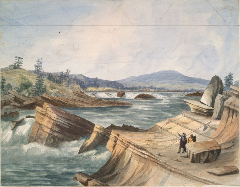 Kettle Falls, Columbia River by John Mix Stanley, oil on canvas depicting a vibrant landscape