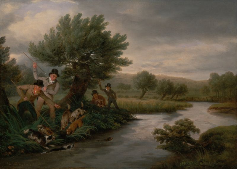 Pintura a óleo de Philip Reinagle mostrando um caçador fisgando uma lontra na água