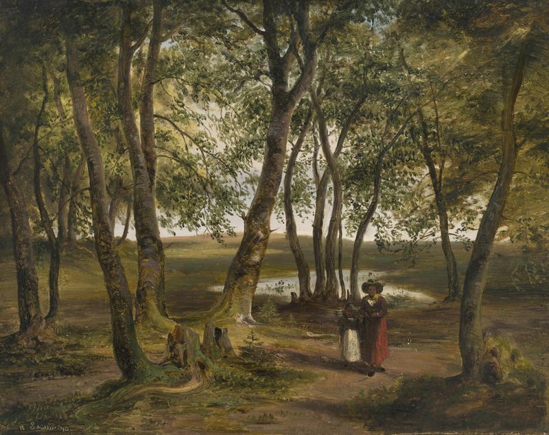 Landscape featuring birch trees and a lake by Felix von Schiller, oil painting