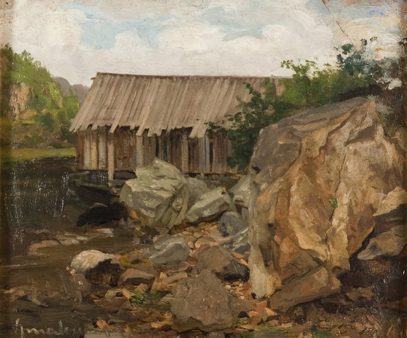 Paisagem com luz salpicada e folhagem exuberante de Amaldus Nielsen, pintura a óleo