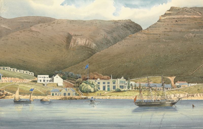 Paisagem da Casa do Almirante, Simon's Town por Lt. Humphrey John Julian, pintura a óleo
