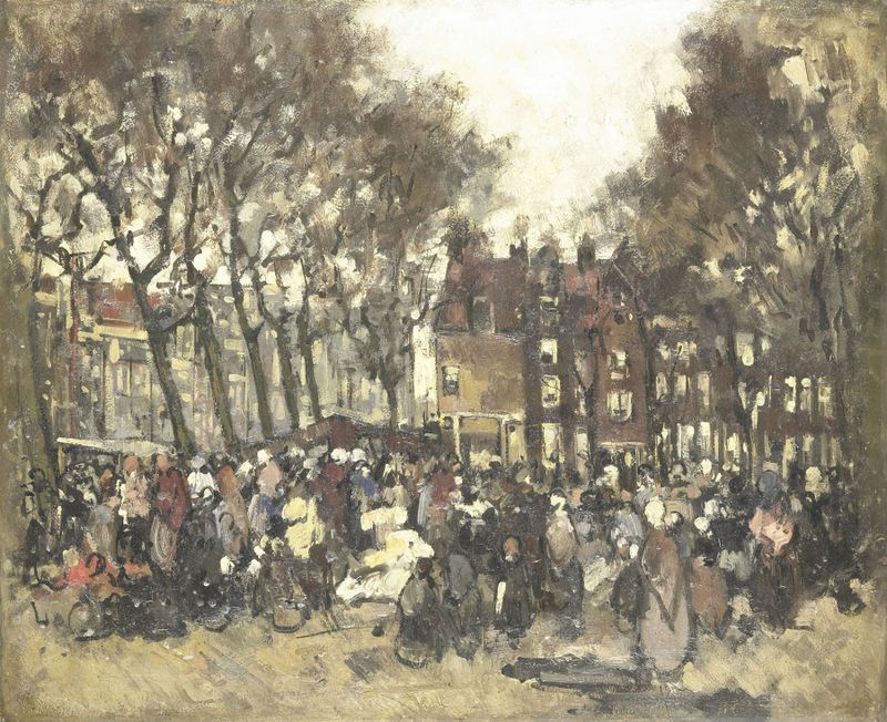 Cena de gênero representando um mercado em Amsterdã, óleo sobre tela de Joannes Barnardus Antonius Maria Westerwoudt