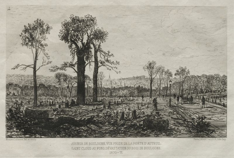Avenue de Boulogne de Maxime Lalanne, pintura a óleo que retrata um caminho em uma floresta com luz e decadência.